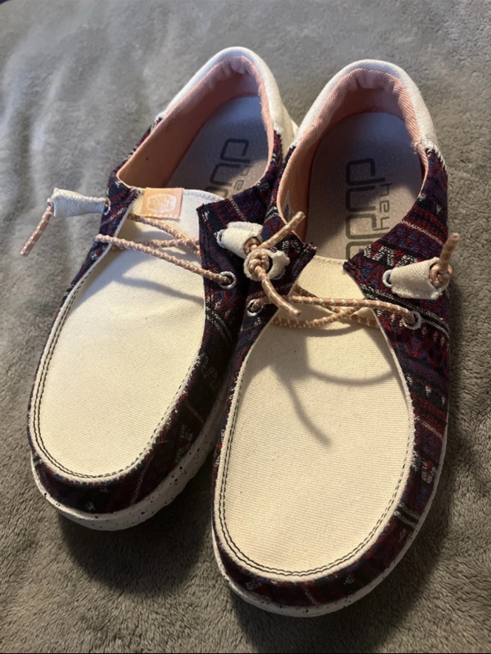 Hey Dude Women's Cream Canvas Slip-On Loafers with Multicolor Aztec Trim